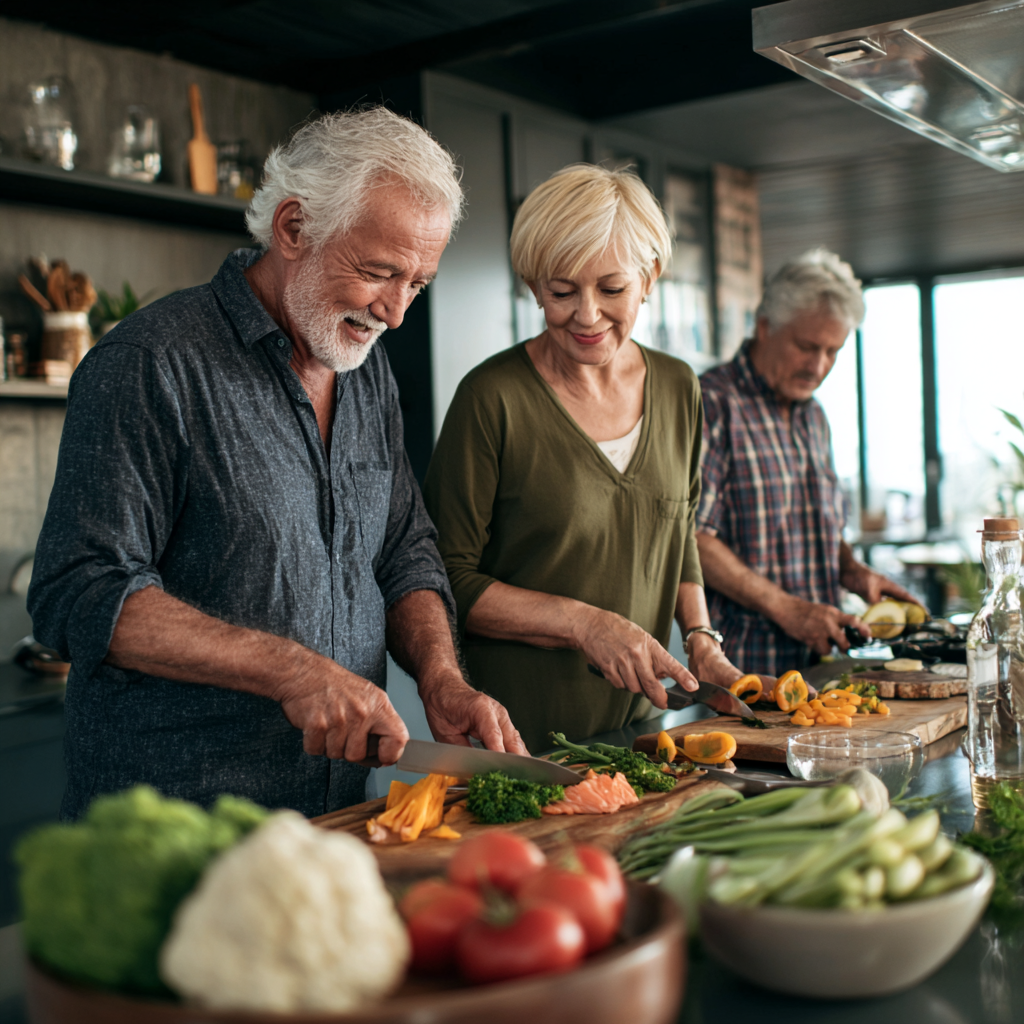 Mature adults preparing nutritious meal together in modern kitchen following dietary plan