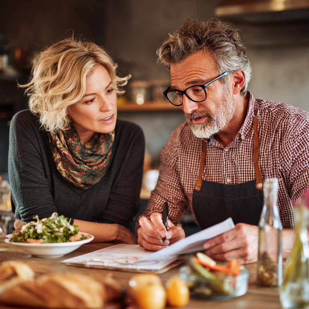Middle-aged nutrition expert consulting with adult client about healthy meal planning